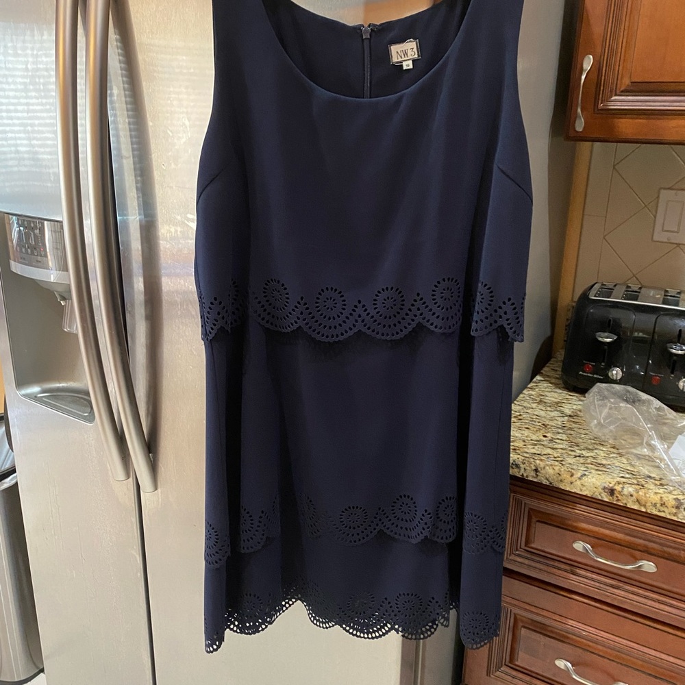 NW3 Navy Blue cocktail dress with scalloped eyelet detail.
